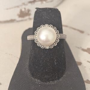 Vintage-Edwardian Inspired Sterling Silver Pearl Halo Ring Size 5